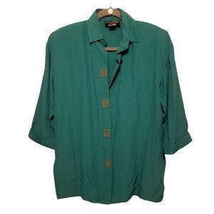 Michael B. Ltd Womens Sz 4 Green  Solid 3/4 Sleeve Button Down Blouse